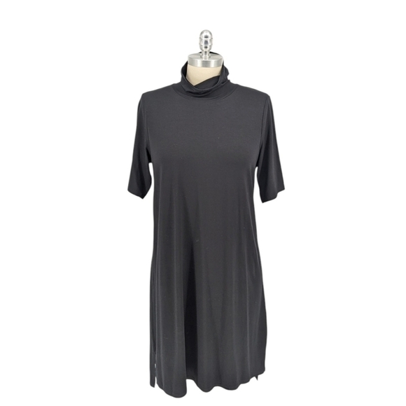 Eileen Fisher Mock Neck Jersey Knit Tunic Dress Black PM preppy minimalist - Picture 1 of 6